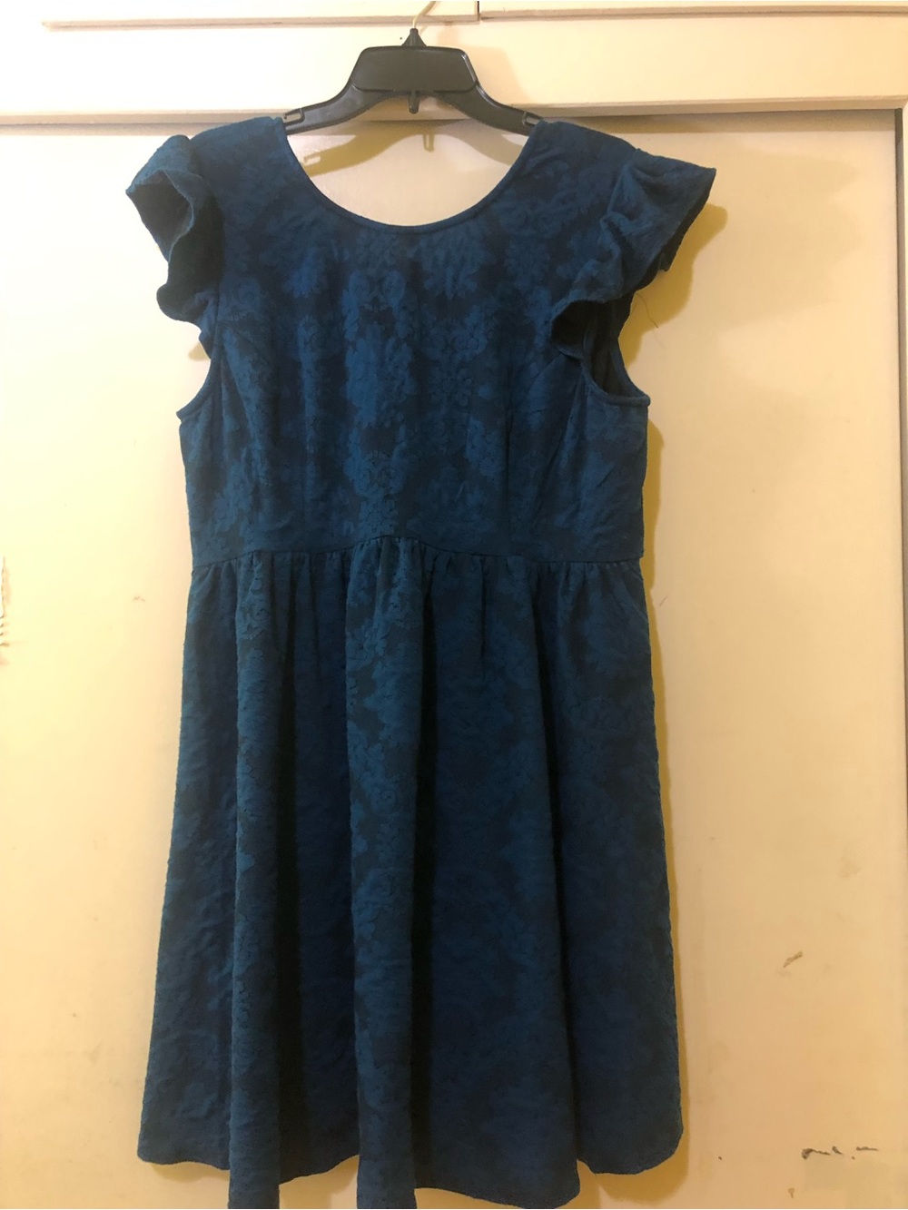Women's Teal Lace Fit-and-Flare Dress with Flutter Sleeves
